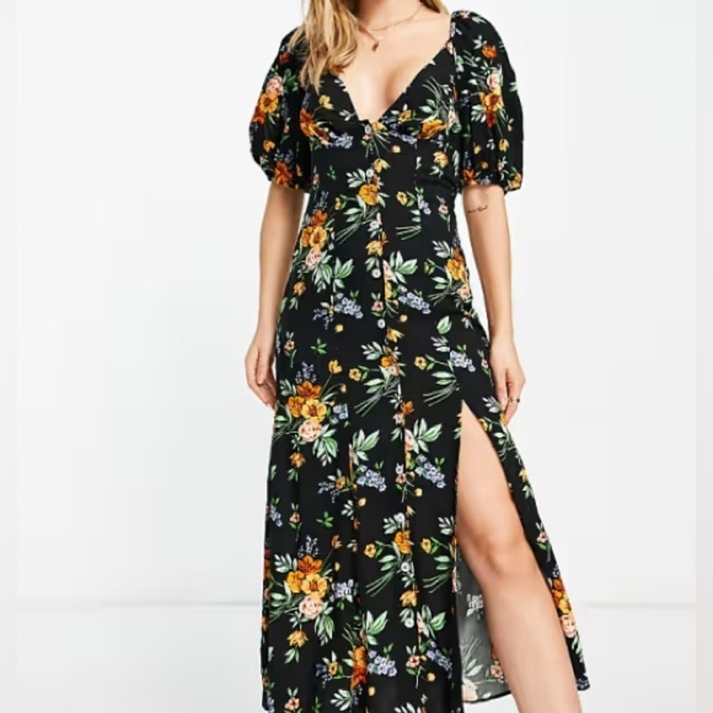 ASOS Design Black Floral Button Down Midi Dress Size US 8